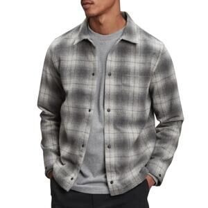 GAP L Mens Snap Front Shirt Jacket Shacket Untucked Grey Plaid Outdoor Gorpcore